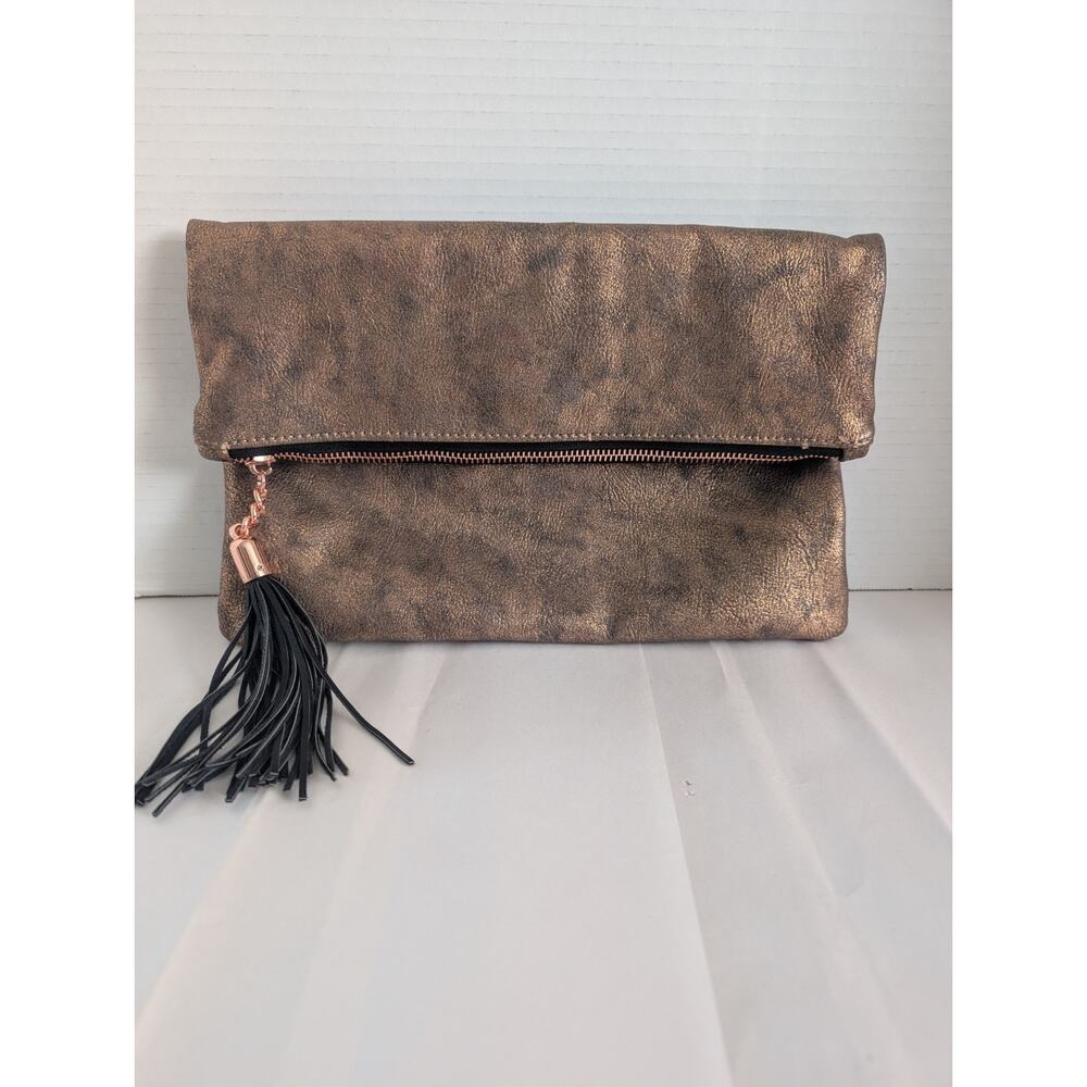 Shiraleah Chicago Metallic Bronze Fold-Over Tassel Clutch Purse | Vegan Leather